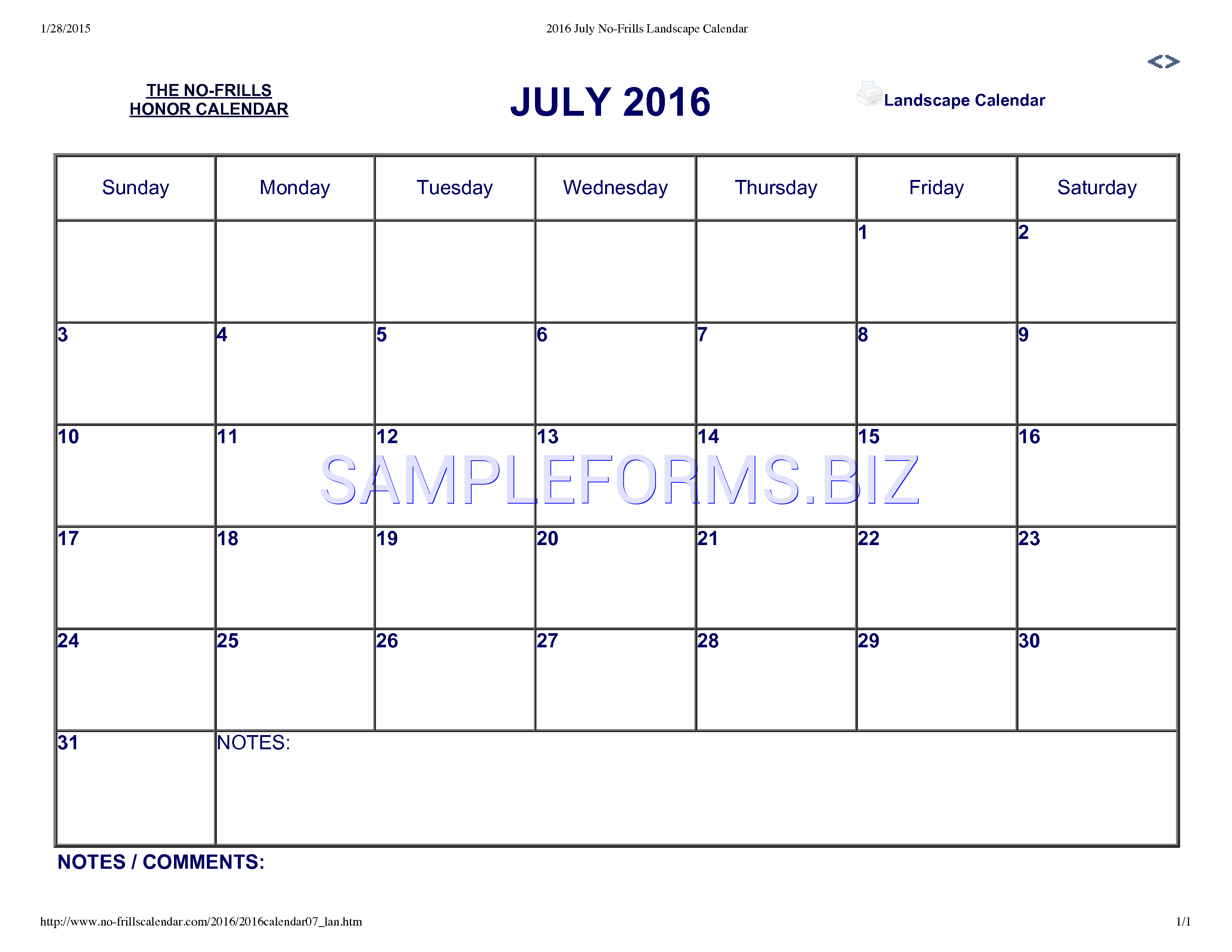 Preview free downloadable July 2016 Calendar 2 in PDF (page 1)
